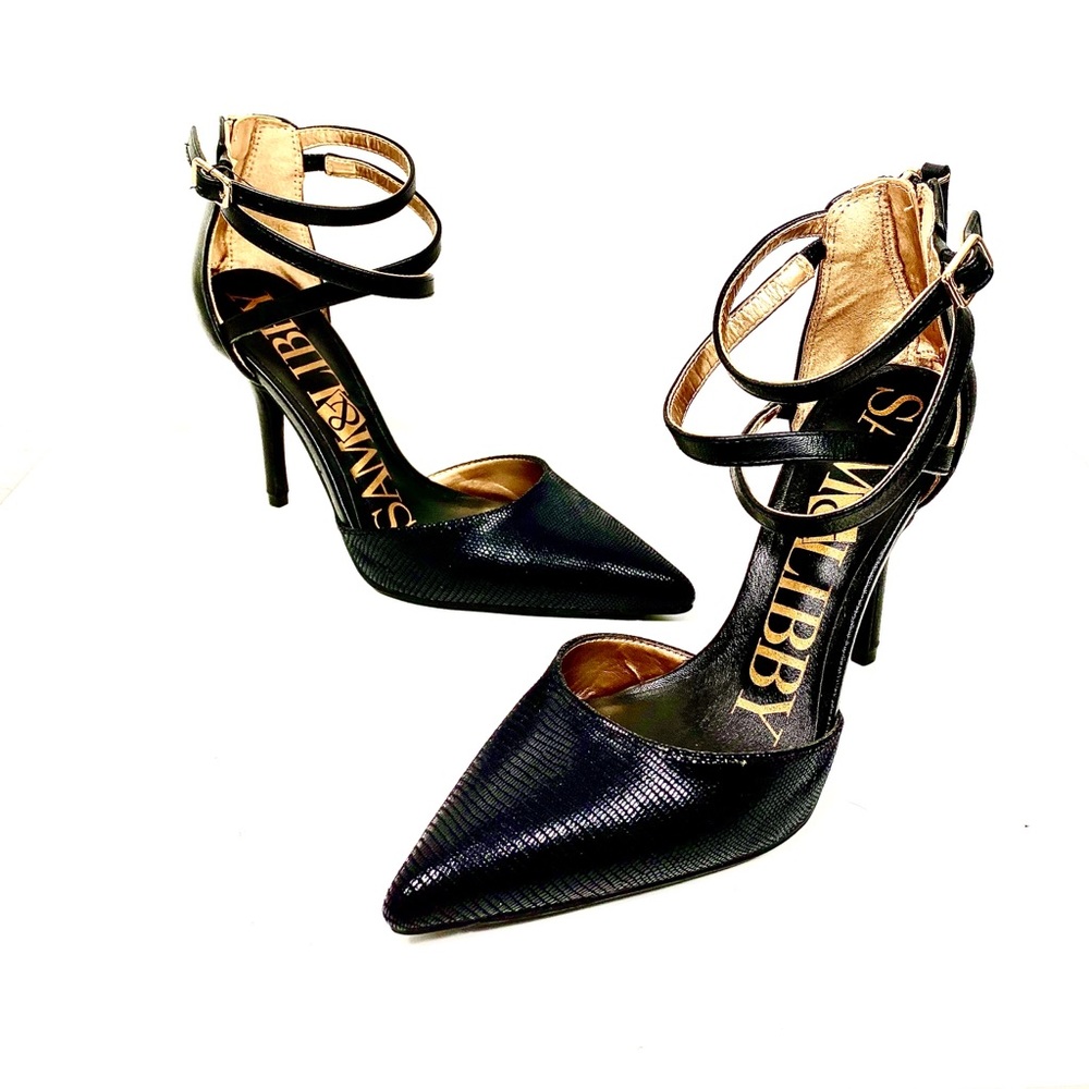 Sam & Libby 3 strap pointed toe pumps w/gold